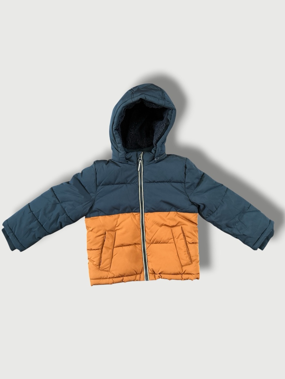 Member’s Mark Size 3T Deep Navy Blue/Rust Color block Hooded Puffer Jacket